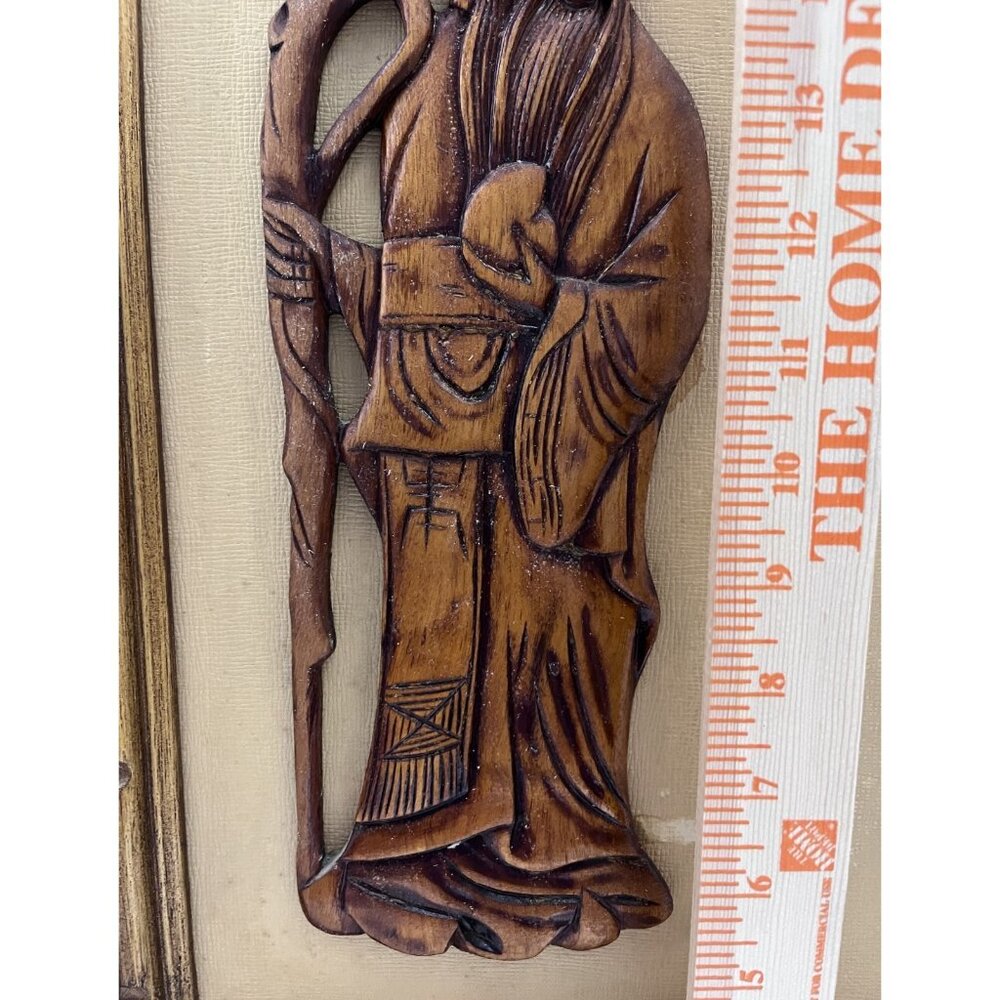 VTG Chinese Daoist Diety Shou Lao - Long Life - Framed & Matted Wood Carving - Picture 10 of 15